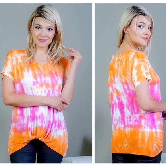 ALLIE & ROB Summer Top Tie Knot Hem Short Sleeve Orange Pink - Picture 1 of 4